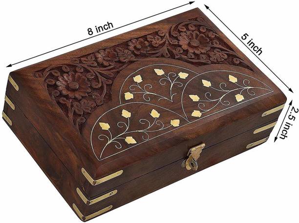 WOODINO Size (8x5 Inch) Brass and Carving Sheesham Floral Design Makeup and Jewellery Vanity Box