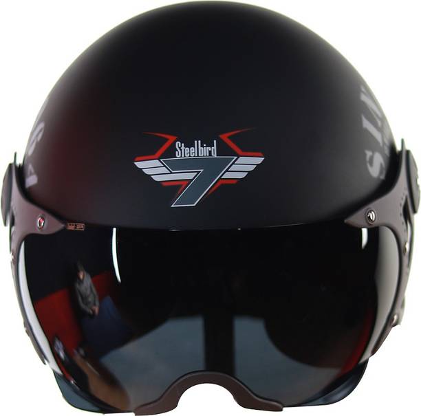 Steelbird SB-27 7Wings Tank Open Face Graphic Helmet in Matt Black/Line Grey Motorbike Helmet