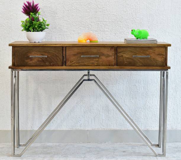 SamDecors Solid Wood Three Drawer CASINO Console Hall Table Natural Brown with Stainless Steel Frame Solid Wood Console Table