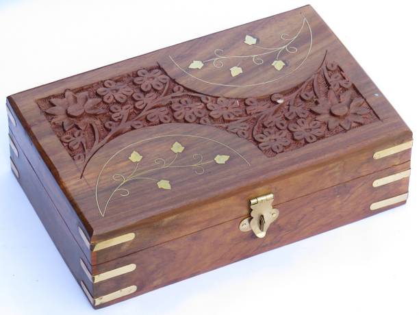 WOODINO 8x5 Inch, Sheesham, Brass Half Round, Carving Cross Strip Makeup and Jewellery Vanity Box