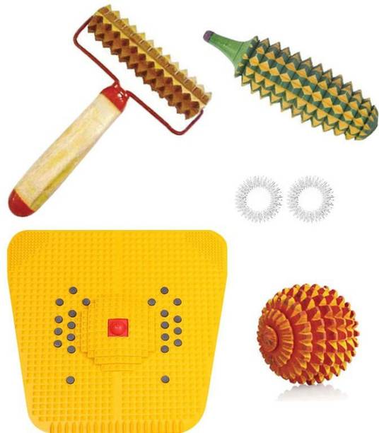 Acufit ACU012 Acupressure Massager Tools Combo Kit With Acupressure Bio-Magnetic Foot Mat + Karela Wooden + Wooden Ball + 2 Ring + Wooden Handle Roll For Stress And Pain Relief Acupressure Kit Massager
