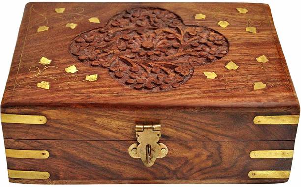 WOODINO Size (8x5 Inch) Brass and Carving, Money Box Makeup and Jewellery Vanity Box