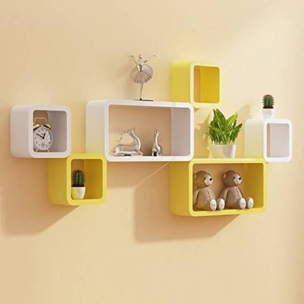 Maaz Handicrafts White & Yellow Cube 6 &Storage Wall Shelf Solid Wood Display Unit