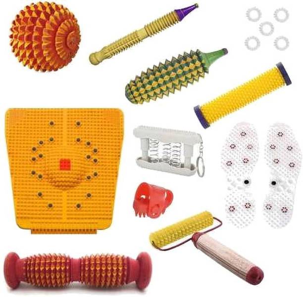 Acufit ACU073 Acupressure Massager Tools Combo Kit for Stress and Pain Relief with Foot Roller (Pyramidal cuts)(Wooden) + Bio - Magnetic Power Mat + Wooden Handle Roller + Thumb Pad + Pocket Exerciser + Shoe Sole + Energy Roller - Soft +Wooden Ball + Wooden Karela + Wooden Jimmy +5 Pc Massage Rings For Stress And Pain Relief Acupressure Tool Kit Massager
