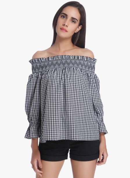 Casual Regular Sleeves Checkered Women Grey Top