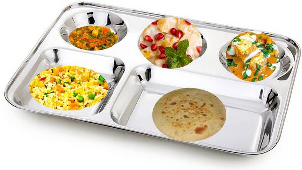 LEROYAL saya stainless steel 5 partition bhojan thali/patra with hight polish Sectioned Plate