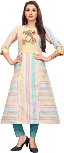berrylicious Striped, Embroidered Cotton Blend Straight Kurta for Women