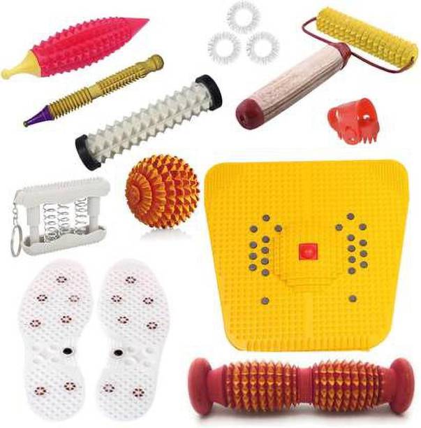 Acufit ACU081 Acupressure Massager Tools Combo Kit with Multipurpose Roller Massager (Pyramidal cuts) + Bio-Magnetic Power Foot Mat (Magnet-Therapy) + Shoe Sole + Pocket Exerciser + Wooden Ball + Energy Roll - Hard + Karela Plastic + Wooden Jimmy + Wooden Handle Roller + Thumb Pad + 3 Pc Massage Rings For Stress And Pain Relief Acupressure Tool Kit Massager