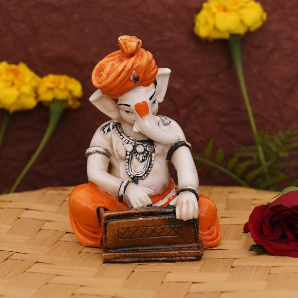 Collectible India Lord Ganesha Playing Harmonium Polyresin Decorative Showpiece  -  13 cm