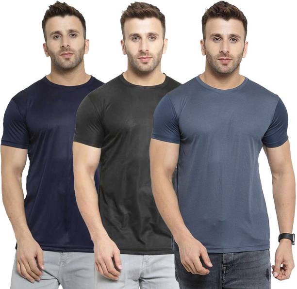 Pack of 3 Men Solid Round Neck Polyester Dark Blue, Black, Grey T-Shirt Price in India