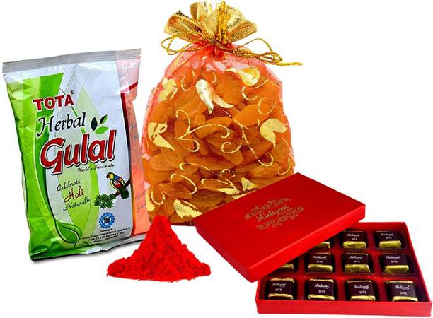 Midiron Holi Gift Hamper with Herbal Gulal, Milk chocolate Bax and Raisin in decorative Pouch Ceramic Gift Box