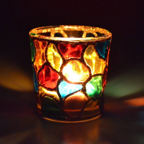 Decent Glass TheHand Painted Glass Diya Tea Light Candle Holder 2.5 Inches (Visual Art) Glass 1 - Cup Candle Holder