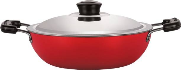 NIRLON Non-Stick Aluminium Non Induction Base Gas Friendly Deep Kadhai With Steel Lid कढ़ाही 24 cm ढक्कन के साथ