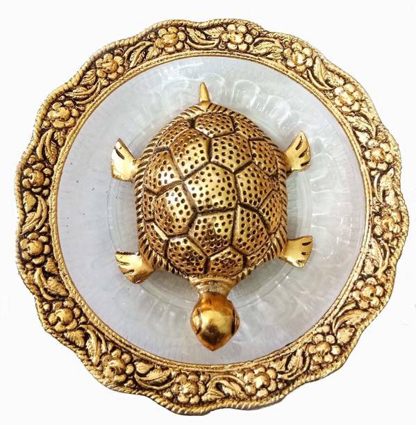 Chhariya Crafts Metal Feng Shui Tortoise On Plate Showpiece for Good Luck Decorative Showpiece  -  2 cm