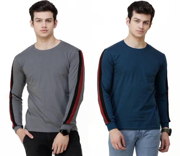 Pack of 2 Men Solid Round Neck Pure Cotton Multicolor T-Shirt Price in India