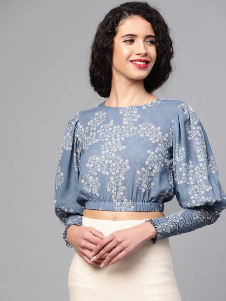 Casual Bishop Sleeve Printed Women Dark Blue, Red, White Top