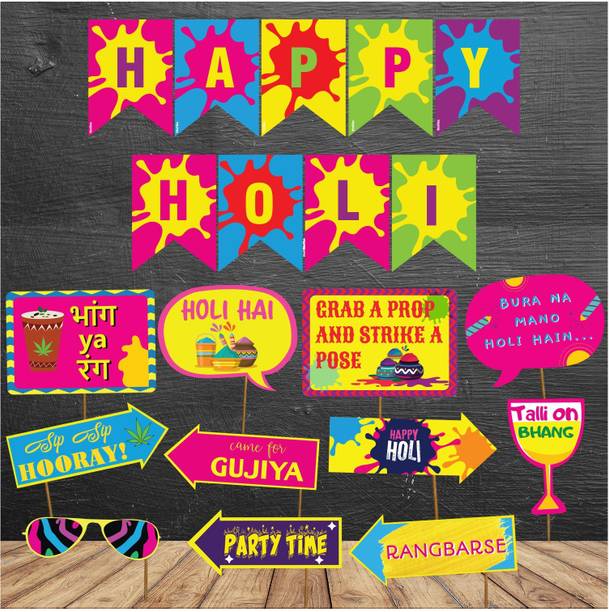 Balloons Happy Holi Decoration Combo (12pcs Photo Booth Props+Happy Holi Banner)/Holi Decoration Items for Party Holi Decorations, Party Decoration/Colourful Banner for Holi Party (Holi Combo_6) Photo Booth Board