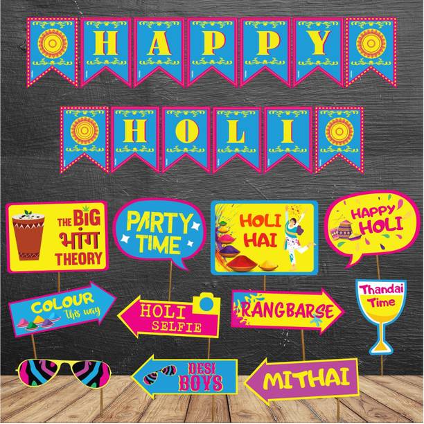 Balloons Happy Holi Decoration Combo (12pcs Photo Booth Props+Happy Holi Banner)/Holi Decoration Items for Party Holi Decorations, Party Decoration/Colourful Banner for Holi Party (Holi Combo_4) Photo Booth Board