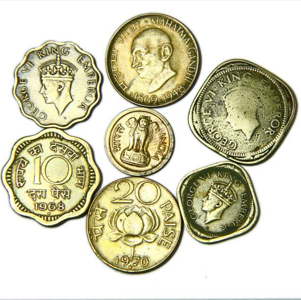 TRADITIONALSHOPPE BRITISH INDIA - REPUBLIC INDIA OLD BRASS COINS COLLECTION - 7 COINS LOT Medieval Coin Collection