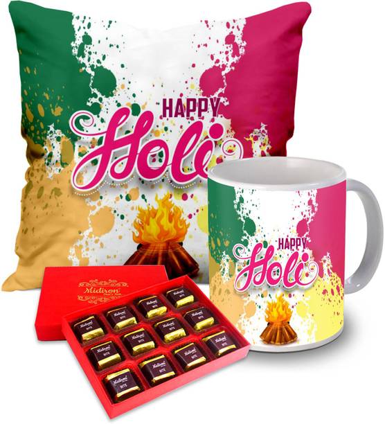 Midiron Holi Gift Combo, Milk Chocolate Box with Holi Quote Printed Coffee Mug and Cushion (16*16 Inch) for Friends & Relative on Holi IZ20-37 Ceramic Gift Box