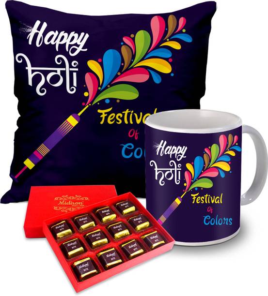 Midiron Holi Gift Combo, Milk Chocolate Box with Holi Quote Printed Coffee Mug and Cushion (16*16 Inch) for Friends & Relative on Holi IZ20-25 Ceramic Gift Box
