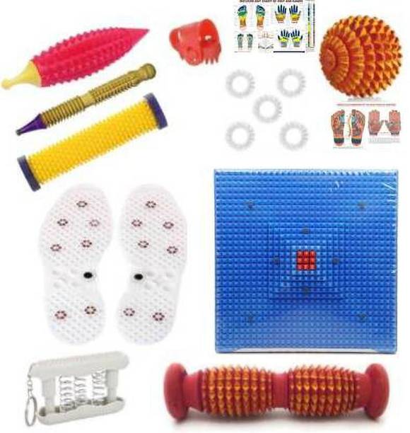 Acufit ACU105 Acupressure Massager Tools Combo Kit for Stress and Pain Relief with ( Deluxe Mat + Foot Roller + Shoe Sole + Pocket Exerciser + Energy Roll - Soft + Karela Plastic + Wooden Jimmy + Thumb Pad + 2 Pc Chart + Wooden Ball + 5 Pc Massage Rings ) Acupressure Tool Kit Massager