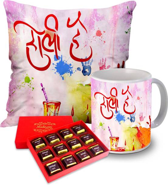 Midiron Holi Gift Pack, Milk Chocolate Box with Holi Quote Printed Coffee Mug and Cushion for Friends & Relative on Holi IZ20-45 Ceramic Gift Box