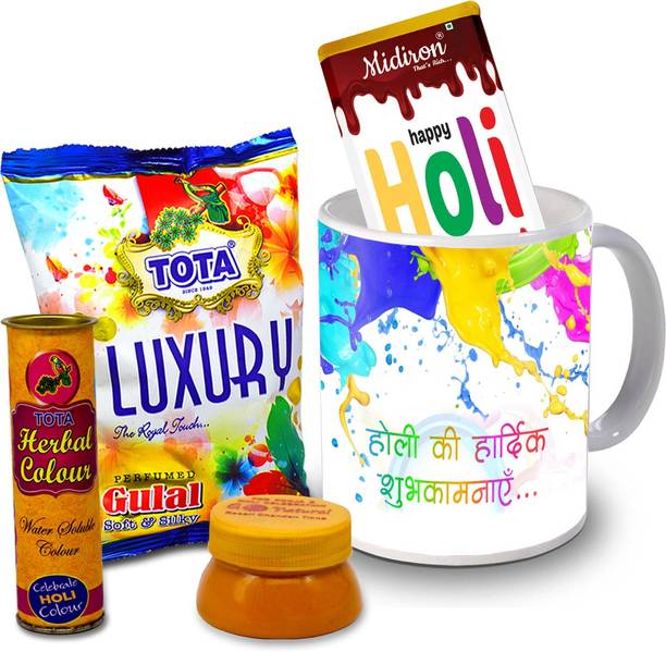 Midiron Holi Gifts | Herbal Colors |Luxury Chocolate Bar| Printed Mug For Friends & Relative –RBHoli43 Ceramic Gift Box