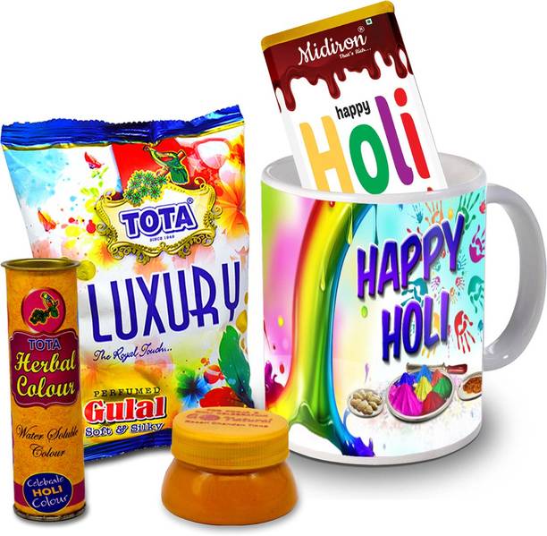 Midiron Holi Gifts | Herbal Colors |Luxury Chocolate Bar| Printed Mug For Friends & Relative –DTHoliBar40 Ceramic Gift Box