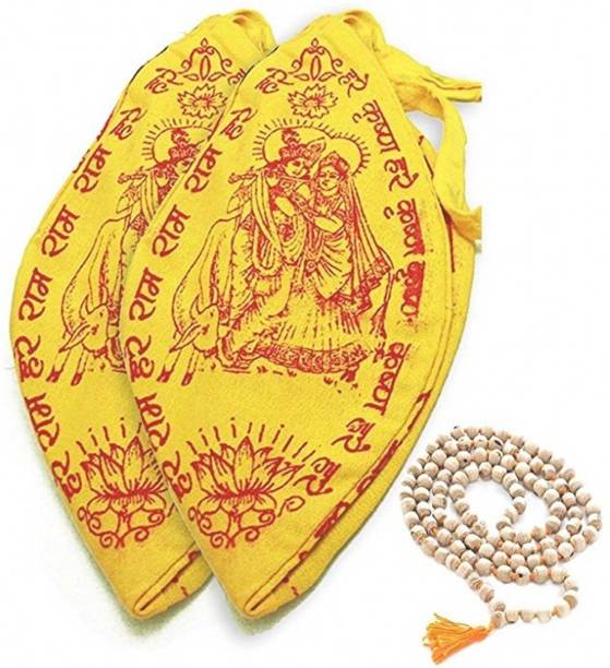 k j traders Beadworks Tulsi Japa Mala (108+1 Bead) with Hare Krishna Hare Rama Japa Mala Gomukh Bag Beads Wood Dori Chain
