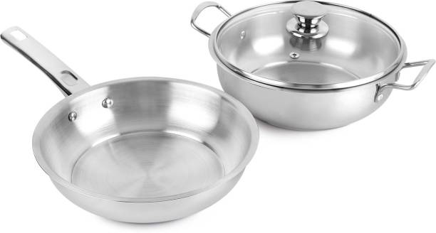 cello Induction Base Stainless Steel Fry Pan & Kadai Set Pot 40 cm diameter 2 L capacity with Lid