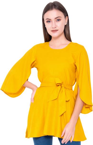Casual Petal Sleeves Solid Women Yellow Top