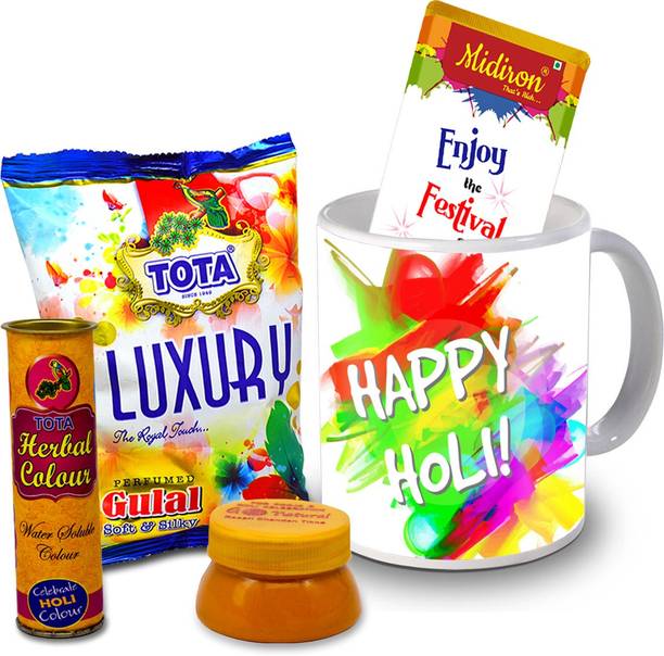 Midiron Holi Gifts | Herbal Colors |Luxury Chocolate Bar| Printed Mug For Friends & Relative –DTHoli01 Ceramic Gift Box