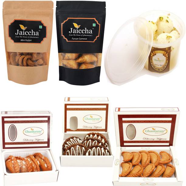 Ghasitaram Gifts Holi Sweets Holi Hampers Best of 6- Traditional Gujiyas; Chocolate Gujiya, Dry Sweet Gujiya; Mini Gujiya Namkeen ; Farsaan Samosa and a Rasgulla Pack Combo