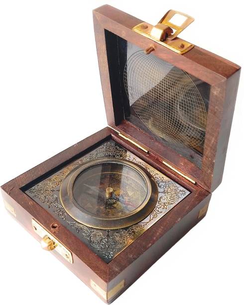 Shoptreed World Of Vintage Antique Black Finish Brass Pocket Compass in Wooden Box Compass