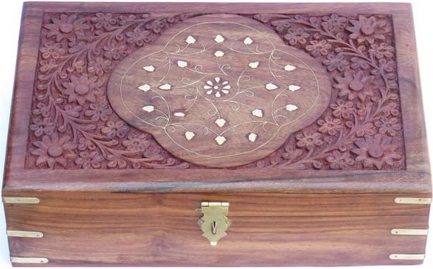 WOODINO (12x8 inch) Big Size Sheesham Handicraft Carving Work Makeup and Jewellery Vanity Box