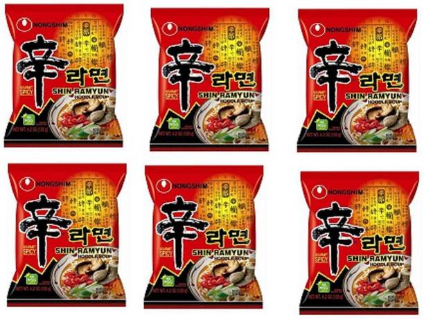 Nongshim Shin Ramyun Noodle Soup (Hot And Spicy), 120g - Pack of 6 Cup Noodles