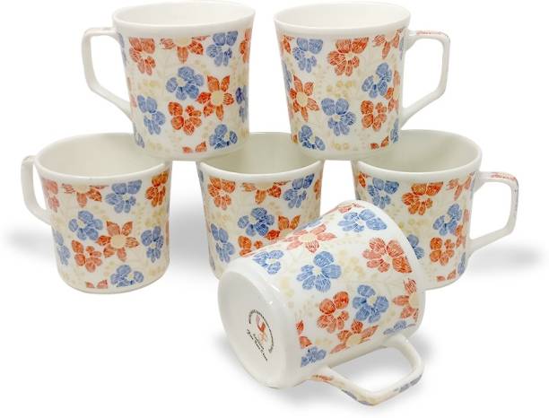 U.P.C. Pack of 6 Bone China Coffee Mugs Multicolor Flower Printed Cups set of 6 Fine Bone China Ceramics tableware / Kitchenware (150 ML)