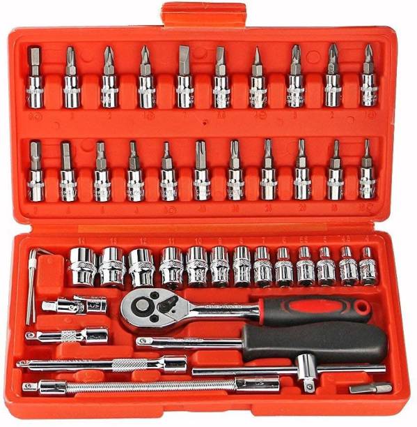 ATOOLS 46Pcs 1/4"inch Ratchet Socket Spannar Set with Extension Rod and Carry Box for Automobiles/Bike/Car Repair Tools Kit Vehicle Tool Kit