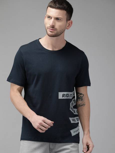 Men Typography Round Neck Pure Cotton Dark Blue T-Shirt Price in India