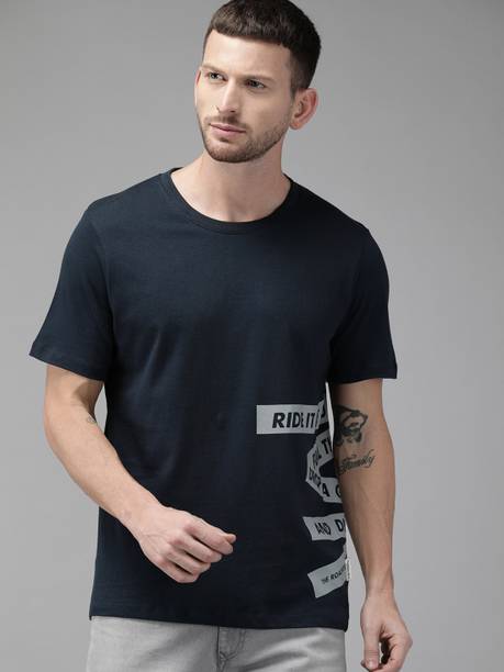 Men Typography Round Neck Pure Cotton Dark Blue T-Shirt