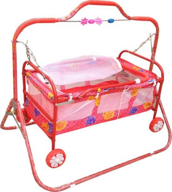 Smiley Bell Baby Jhula Swing Cradle Bassinet Trolley with Mosquito Net Umbrella and Wheel Cot