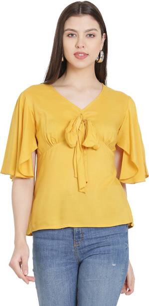 FORELEVY Casual Butterfly Sleeve Solid Women Yellow Top