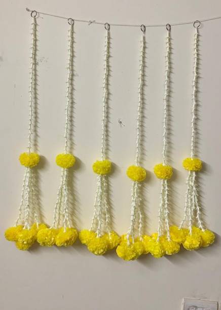 SPHINX Artificial Rajnigandha(Tuberose) & Clustered Marigold (Genda) Strings for Decoration Approx 2.33 ft - Pack of 6 (Offwhite/Creamish with yellow flowers) fibers Garland