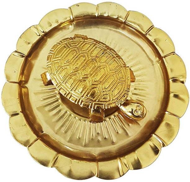 Uniqon (7CM Size) Wish Fulfillment Kachua Laxmi Yantra Vaastu/Fengshui Traditional Religious Tortoise/Turtle With Golden Plate/Thali For Wealth/Prosperity/Peace/Success Puja Decorative Showpiece Copper