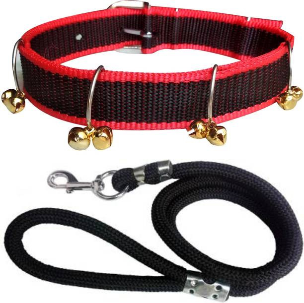 ADIOS Dog Belt Combo of Red Black Ghungroo Collar with Black Lead 1.5m Lengthy Dog Collar & Leash