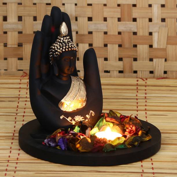 eCraftIndia Golden Handcrafted Palm Buddha Decorative with Wooden Base, Fragranced Petals and Tealight Decorative Showpiece  -  17.5 cm