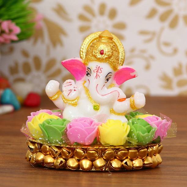 eCraftIndia Lord Ganesha Idol on Decorative Handcrafted Plate with Colorful Flowers Decorative Showpiece  -  8 cm