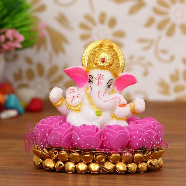 eCraftIndia Lord Ganesha Idol on Decorative Handcrafted Plate with Pink Flowers Decorative Showpiece  -  8 cm