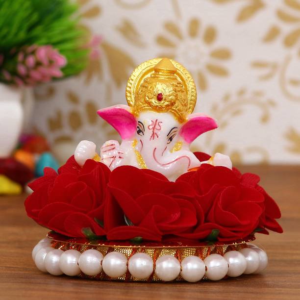 eCraftIndia Lord Ganesha Idol on Decorative Handcrafted Plate with Red Flowers Decorative Showpiece  -  8 cm